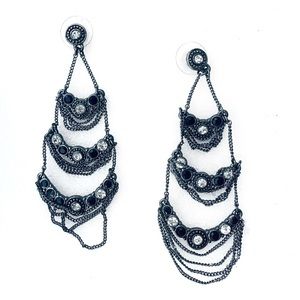 Chandelier Y2K Dangle Earrings Chains Black Crystal Stones Dark Antique Silver